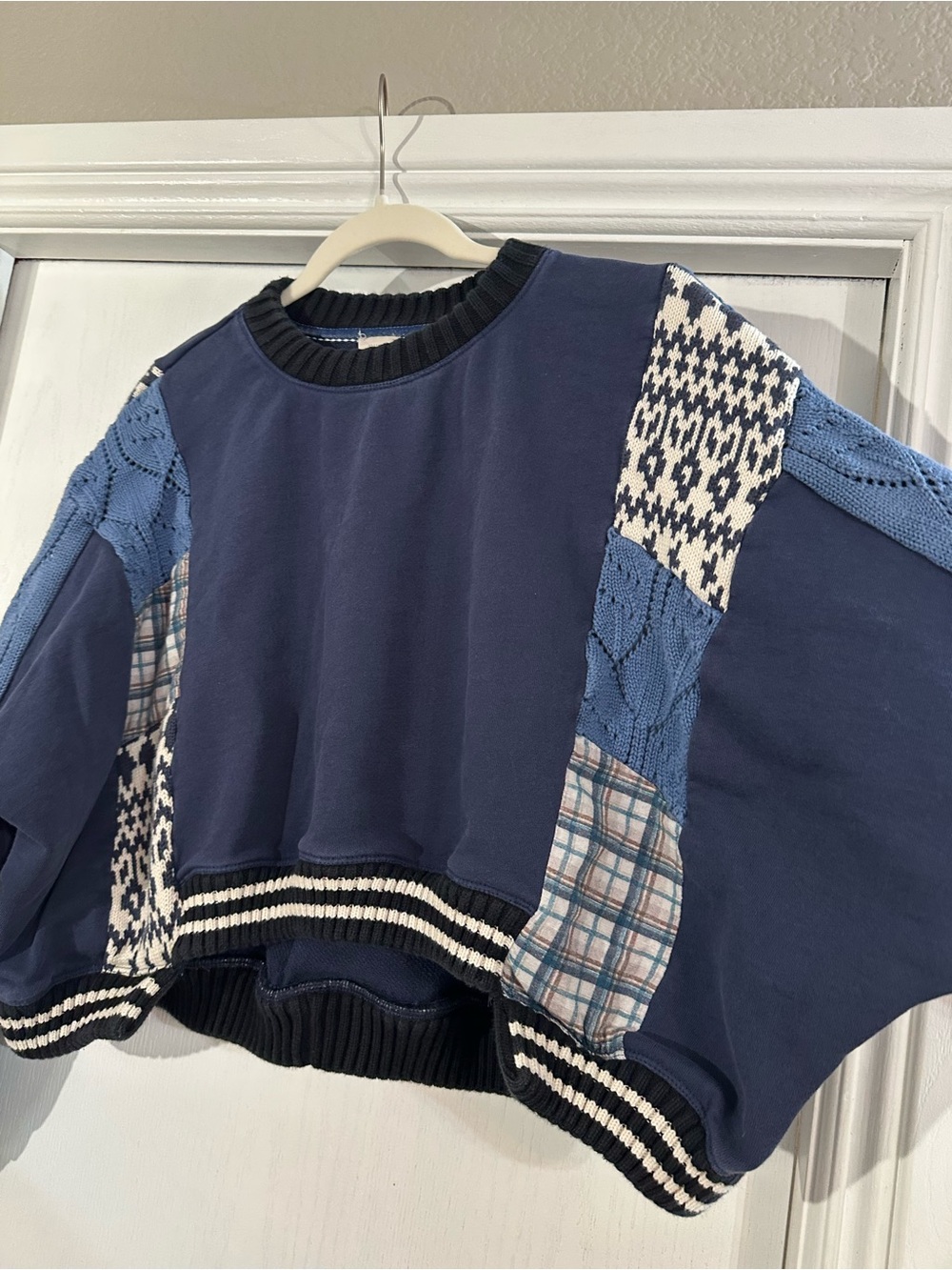 Pilcro Navy Patchwork Cropped Crewneck Sweatshirt - Picture 3 of 5